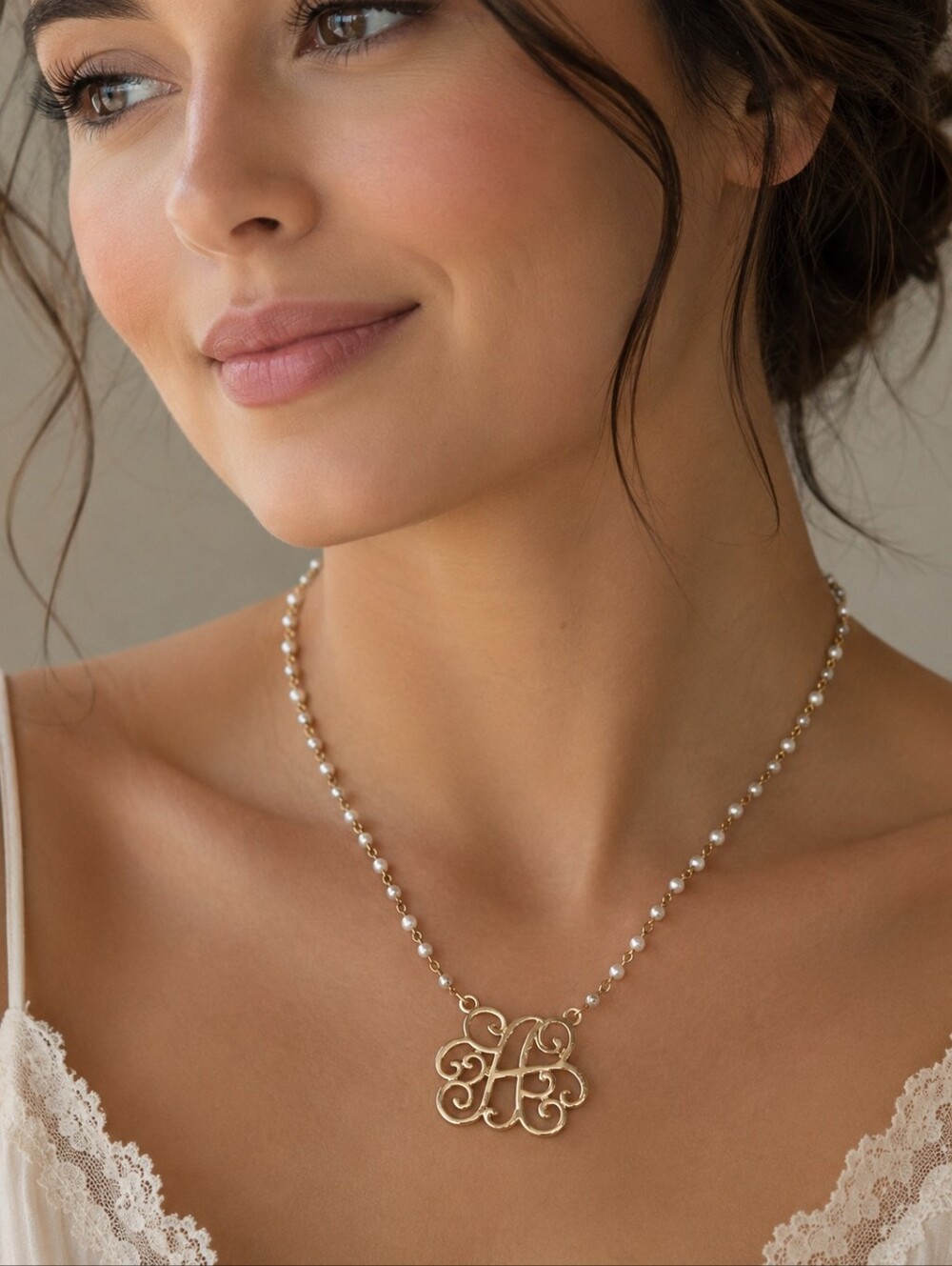 Delicate Faux Pearl Station Necklace With Gold Letter A Inital Monogram Pendant
